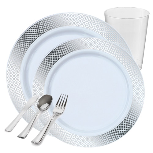 Crystal White with Silver Plastic Tableware Package - FREE SHIPPING