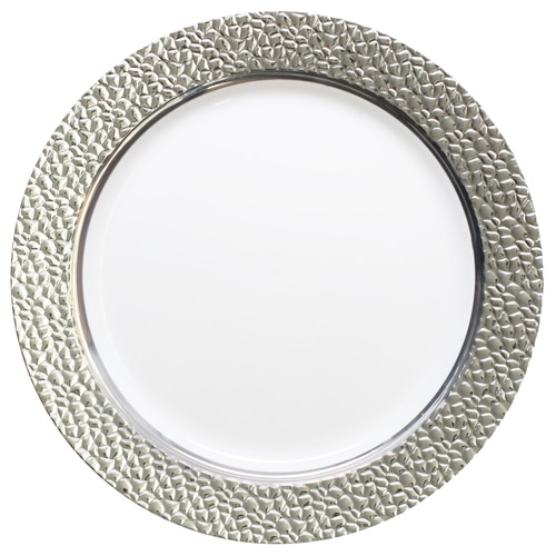 10.25" Clear Elegant Plastic Dinner  Plate with Hammered Silver Trim - Posh Party Supplies
