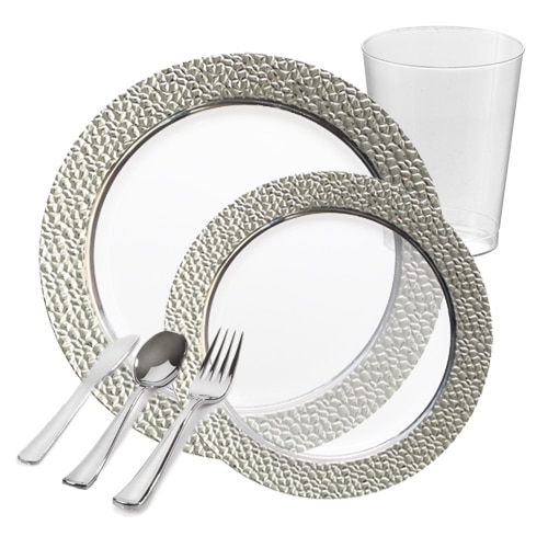 Clear with Silver Hammered Trim Plastic Tableware Package - FREE SHIPPING