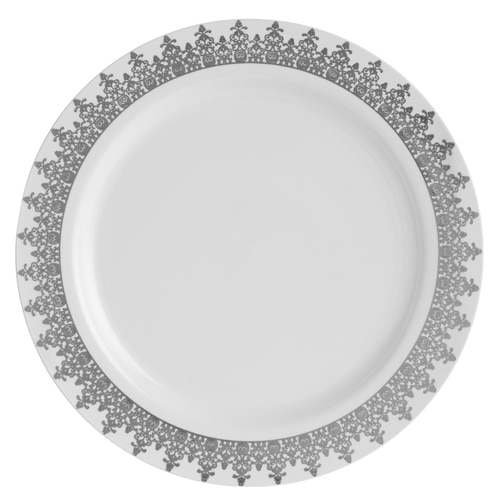 Elegant Plastic White With Silver Ornament Designer 10.25" Dinner Plate - Posh Party  Supplies