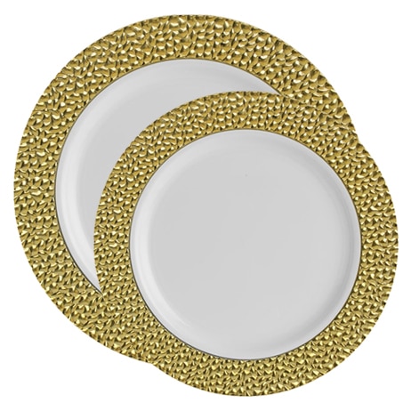 White with Gold Hammered Rim Plastic Plate Set