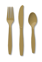 Disposable Glittering Gold 96 Plastic Spoons, 96 Plastic Forks and 96 Plastic Knives - Posh Party Supplies