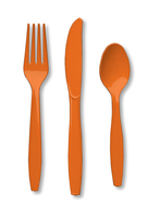 Disposable Sunkissed Orange 96 Plastic Spoons, 96 Plastic Forks and 96 Plastic Knives - Posh Party Supplies