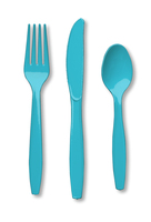 Disposable Bermuda Blue 96 Plastic Spoons, 96 Plastic Forks and 96 Plastic Knives - Posh Party Supplies