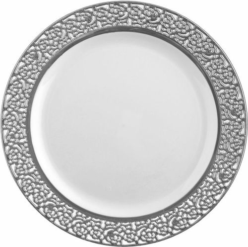 Elegant White Plastic 10.25" Dinner Plate with Silver Trim - Posh Party Supplies