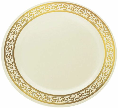 Elegant Disposable 10.25" Plastic Ivory And Gold Dinner Plate  - Posh Party  Supplies