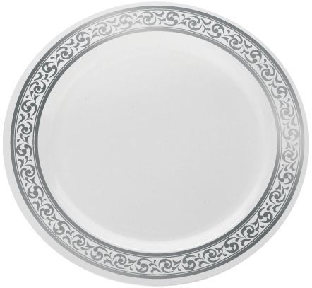 Elegant Disposable Plastic White With Silver Brimmed 10.25" Dinner Plate  - Posh Party  Supplies