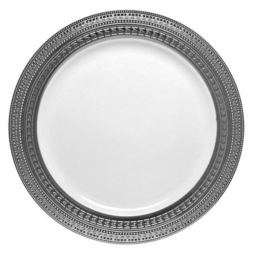 9" White with Silver Symphony Dinner Plastic Plates - Posh Party Supplies