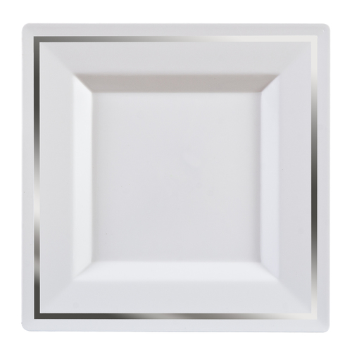 Square 10.75" White and Silver Dinner Plates