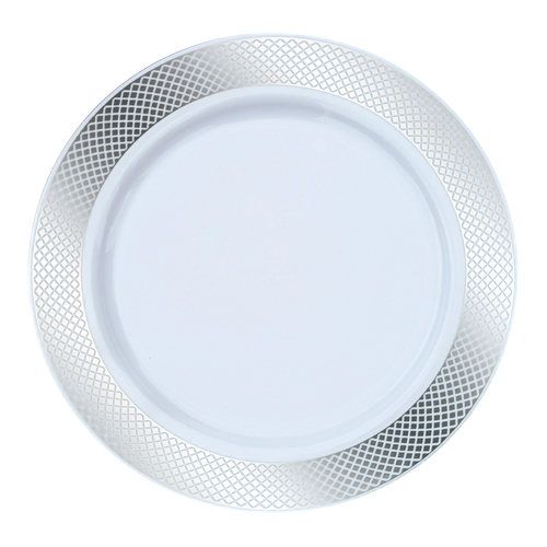 Stunning Disposable Plastic White with Silver Rim Design 7 " Salad Plate - Posh Party Supplies