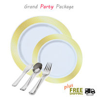 White plates with gold rim value party package for 60