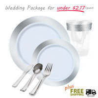 White plates with silver rim party package for 60