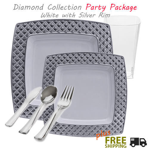 White plates with silver rim party package - diamond collection