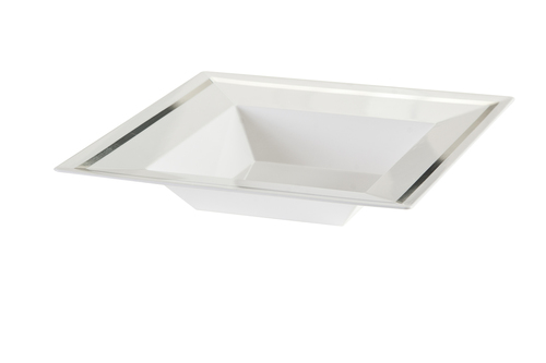 Square 5 oz white & silver plastic dessert bowls