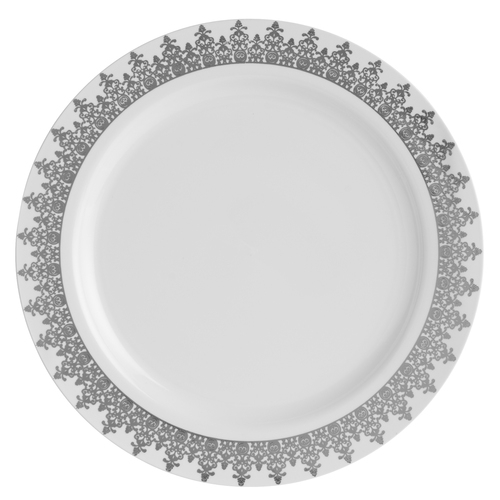 Elegant Plastic White With Silver Ornament Designer 10.25" Dinner Plate  - Posh Party  Supplies